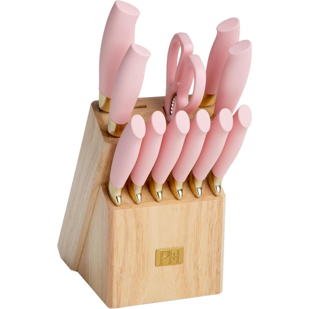 imageParis Hilton 12Piece Knife Set with Block HighCarbon Stainless Steel Cutlery Precision Blades and Ergonomic Handles Pink
