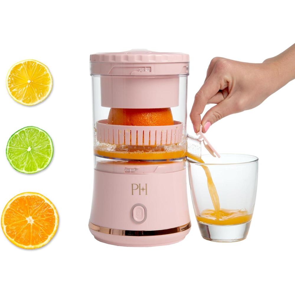 imageParis Hilton Electric Citrus Juicer Mini Portable Cordless Juicer with USB Rechargeable Base OneTouch Button Compact Lemon Lime and Orange Juicer PinkPink