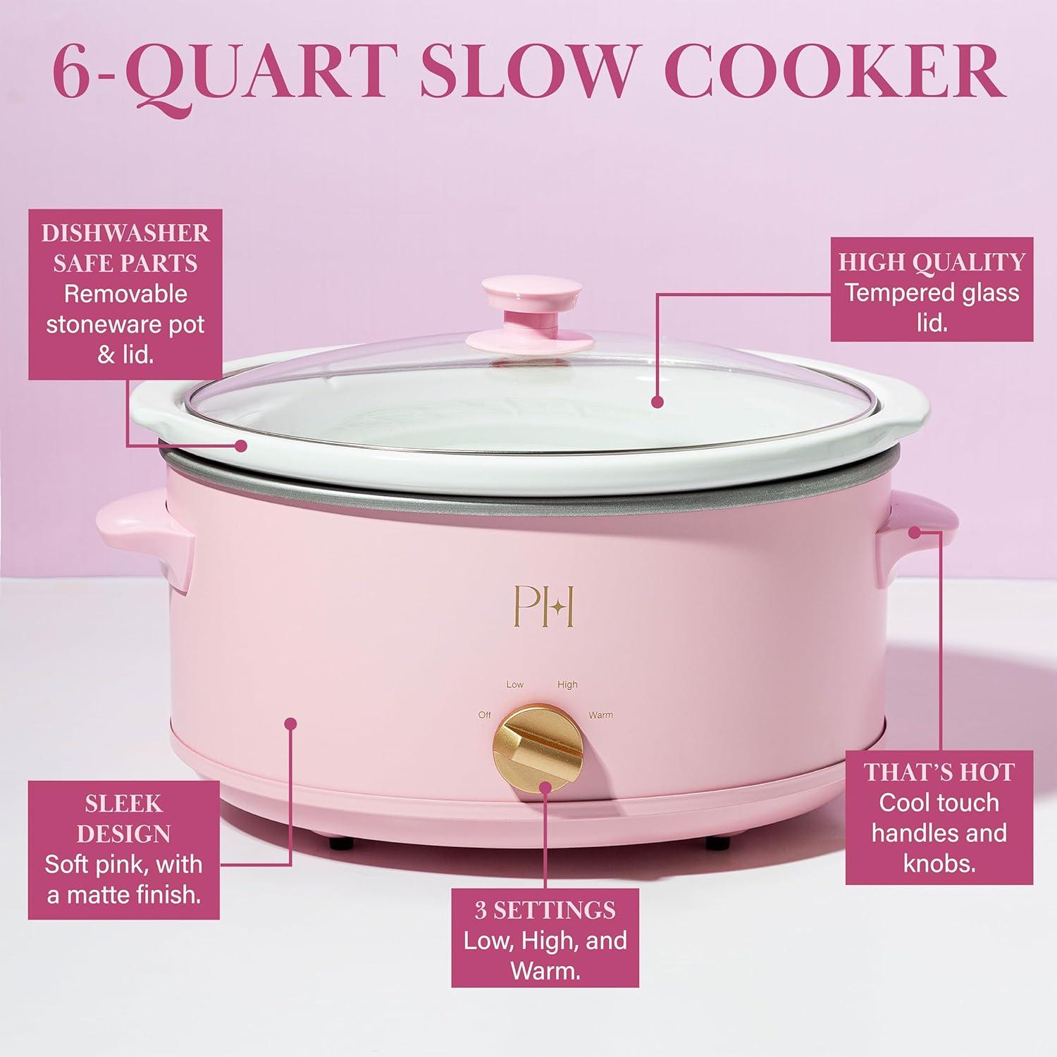 imageParis Hilton 35Quart Manual Slow Cooker Features Three Settings Low High Warm Naturally Nonstick and Dishwasher Safe Stoneware Insert Family Sized Capacity WhitePink