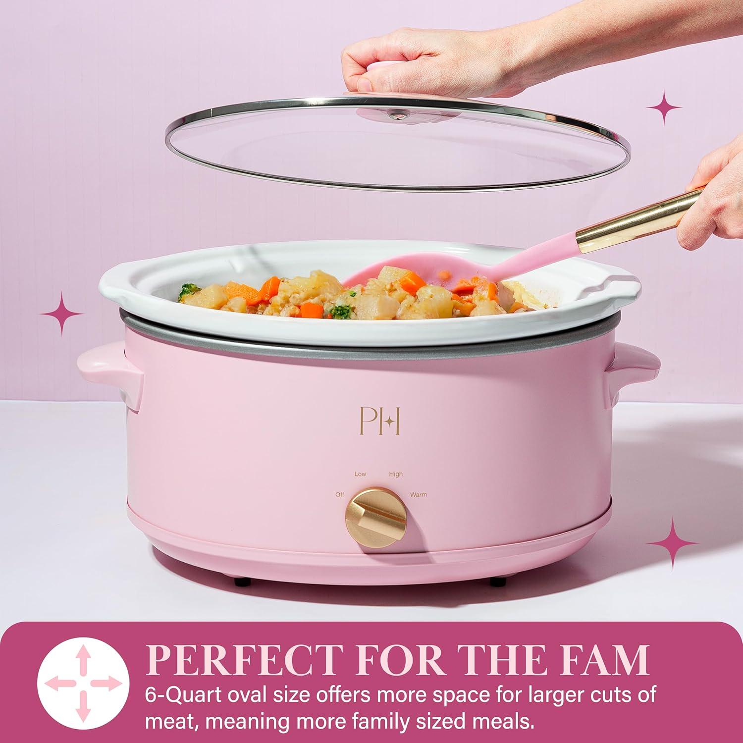 imageParis Hilton 35Quart Manual Slow Cooker Features Three Settings Low High Warm Naturally Nonstick and Dishwasher Safe Stoneware Insert Family Sized Capacity WhitePink