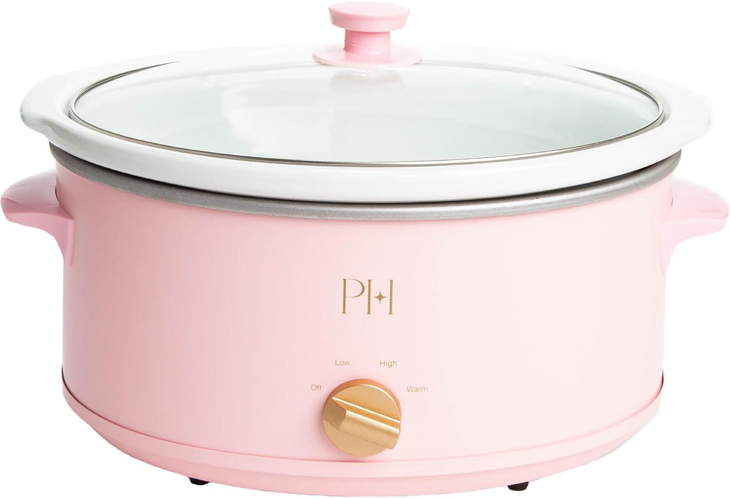 imageParis Hilton 35Quart Manual Slow Cooker Features Three Settings Low High Warm Naturally Nonstick and Dishwasher Safe Stoneware Insert Family Sized Capacity WhitePink