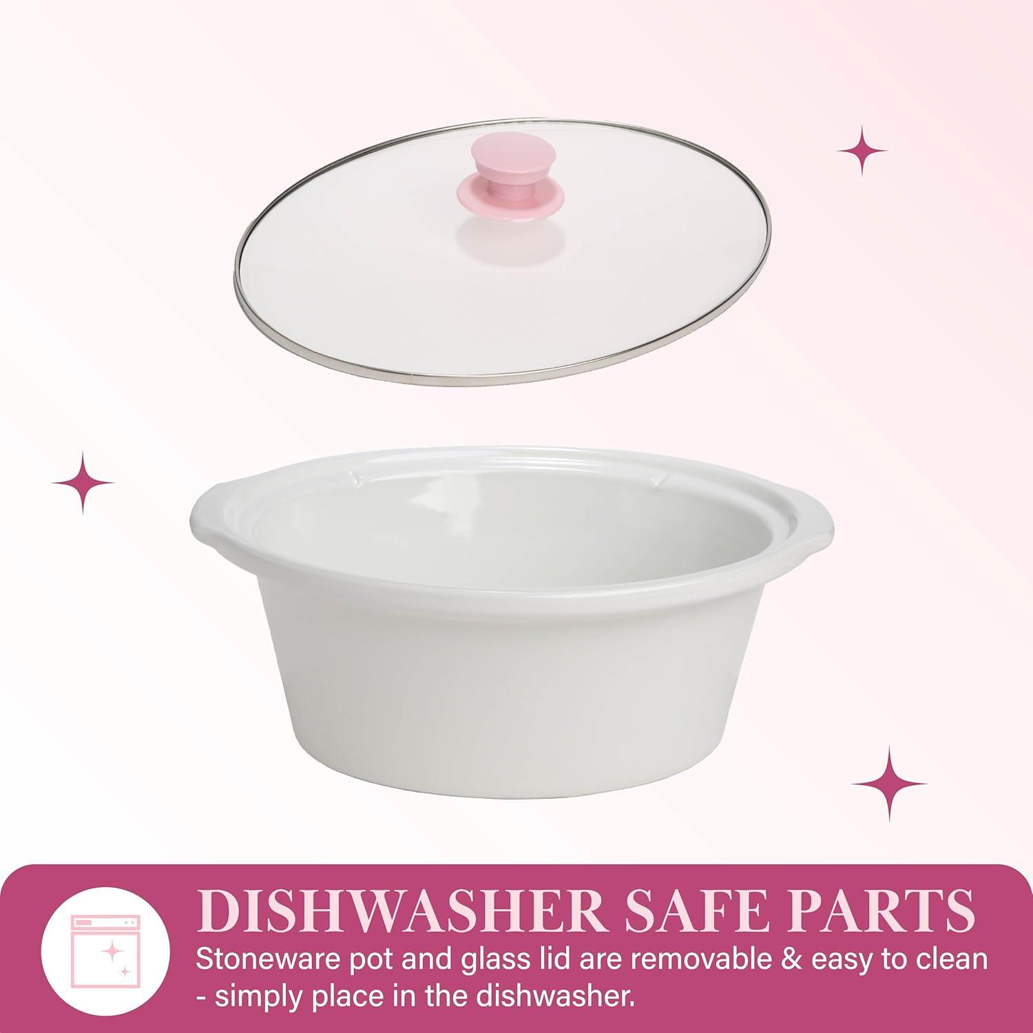 imageParis Hilton 35Quart Manual Slow Cooker Features Three Settings Low High Warm Naturally Nonstick and Dishwasher Safe Stoneware Insert Family Sized Capacity WhitePink