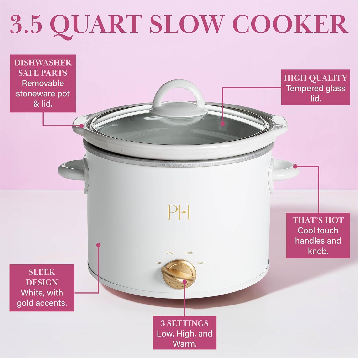 imageParis Hilton 35Quart Manual Slow Cooker Features Three Settings Low High Warm Naturally Nonstick and Dishwasher Safe Stoneware Insert Family Sized Capacity WhiteWhite