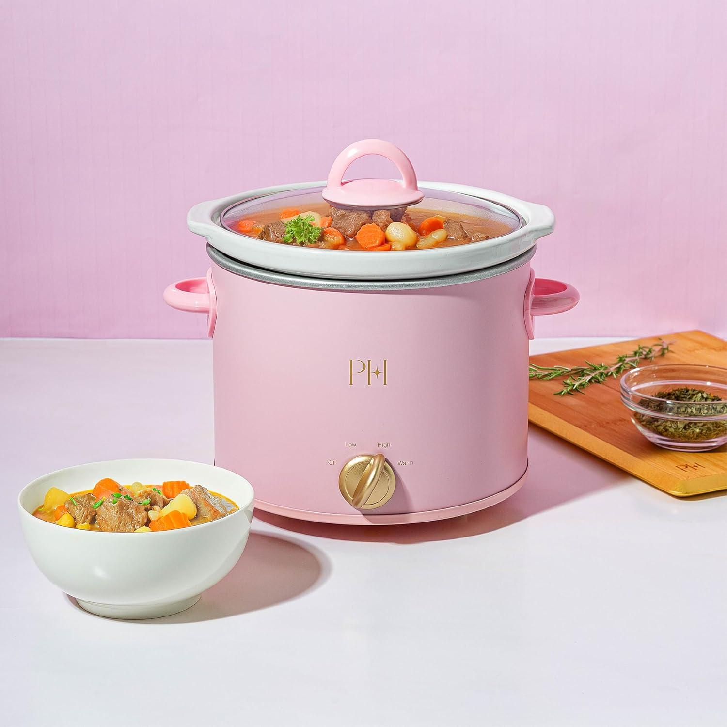 imageParis Hilton 35Quart Manual Slow Cooker Features Three Settings Low High Warm Naturally Nonstick and Dishwasher Safe Stoneware Insert Family Sized Capacity WhitePink