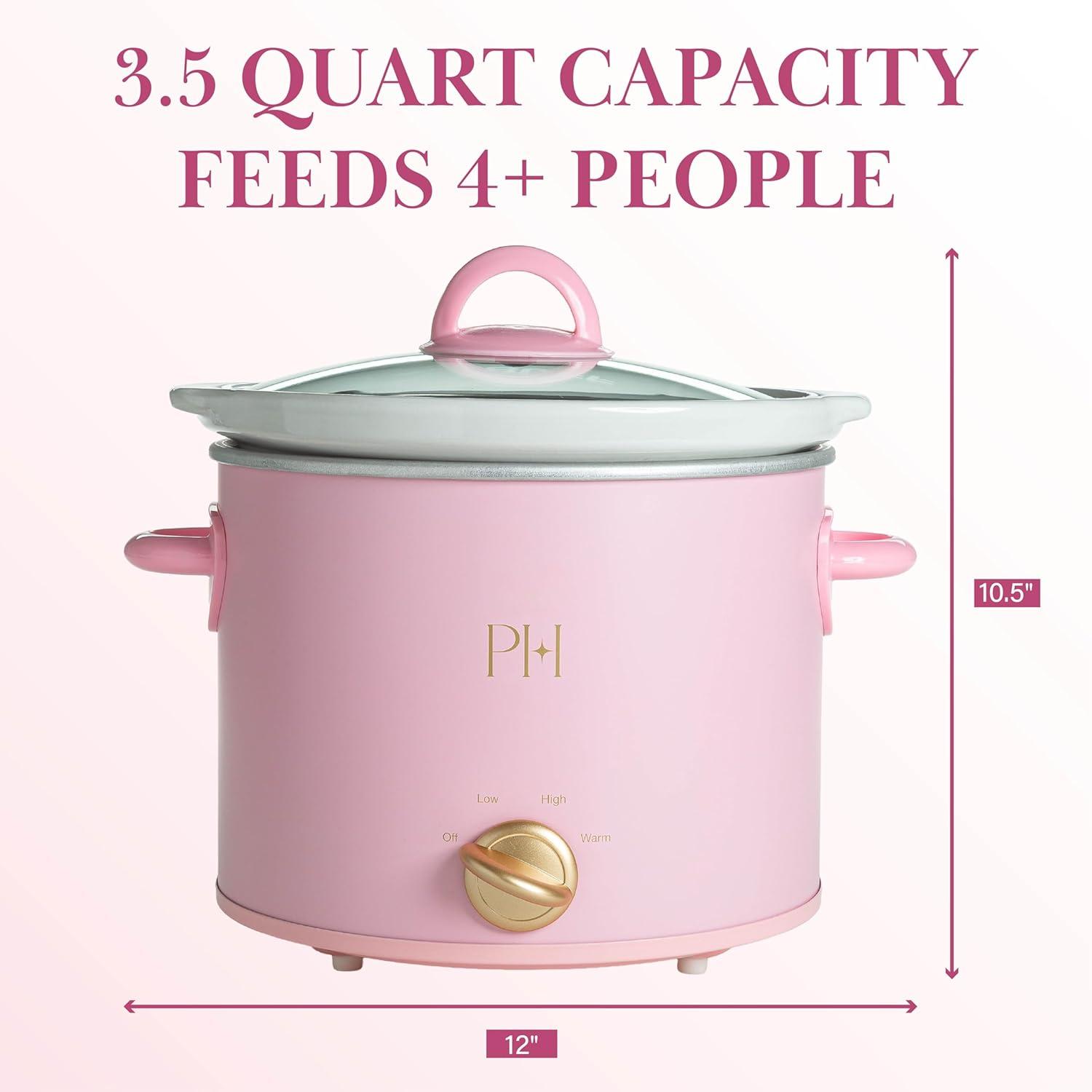 imageParis Hilton 35Quart Manual Slow Cooker Features Three Settings Low High Warm Naturally Nonstick and Dishwasher Safe Stoneware Insert Family Sized Capacity WhitePink