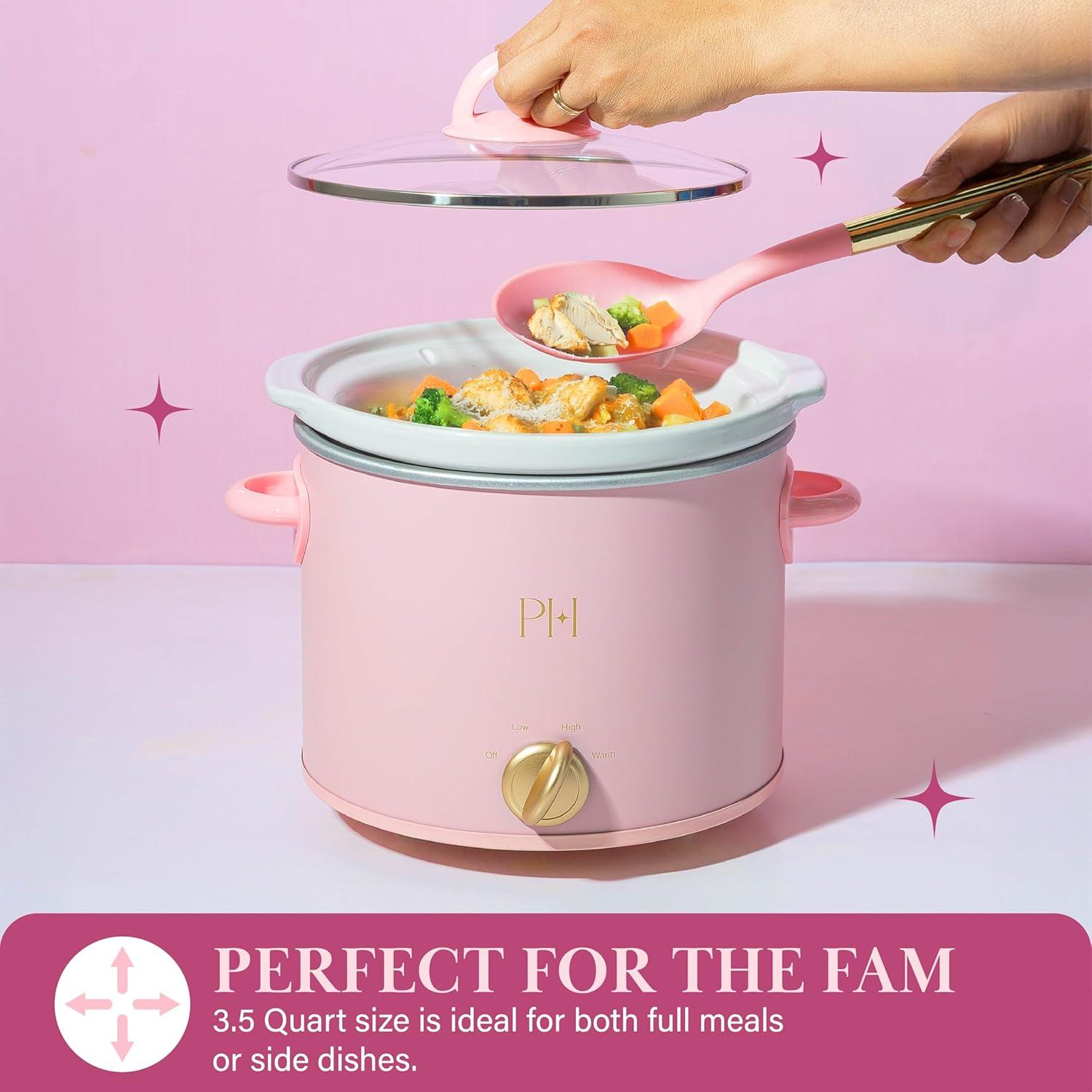 imageParis Hilton 35Quart Manual Slow Cooker Features Three Settings Low High Warm Naturally Nonstick and Dishwasher Safe Stoneware Insert Family Sized Capacity WhitePink