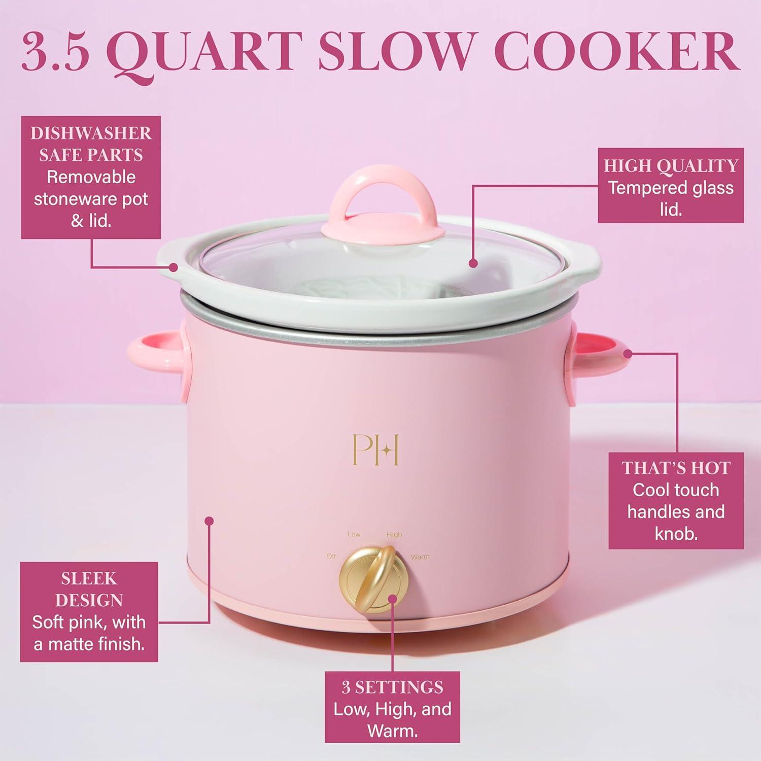 imageParis Hilton 35Quart Manual Slow Cooker Features Three Settings Low High Warm Naturally Nonstick and Dishwasher Safe Stoneware Insert Family Sized Capacity WhitePink