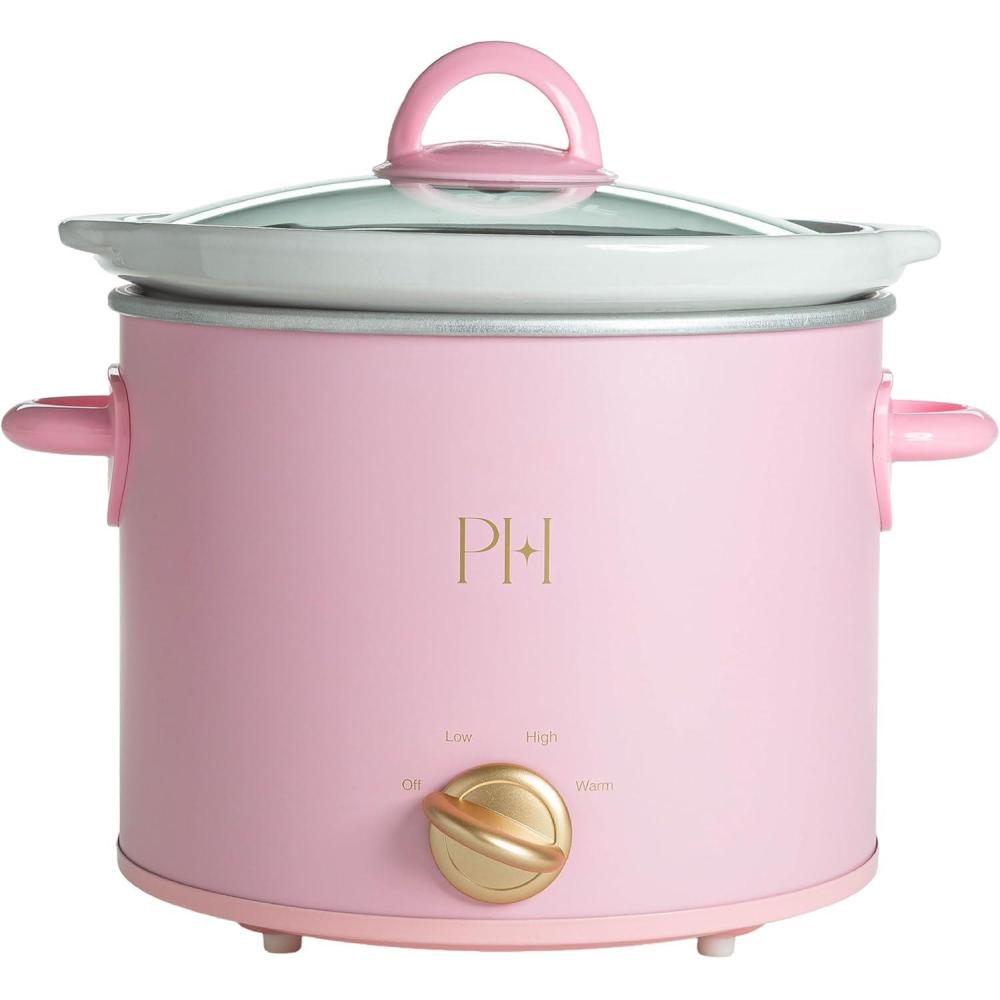 imageParis Hilton 35Quart Manual Slow Cooker Features Three Settings Low High Warm Naturally Nonstick and Dishwasher Safe Stoneware Insert Family Sized Capacity WhitePink