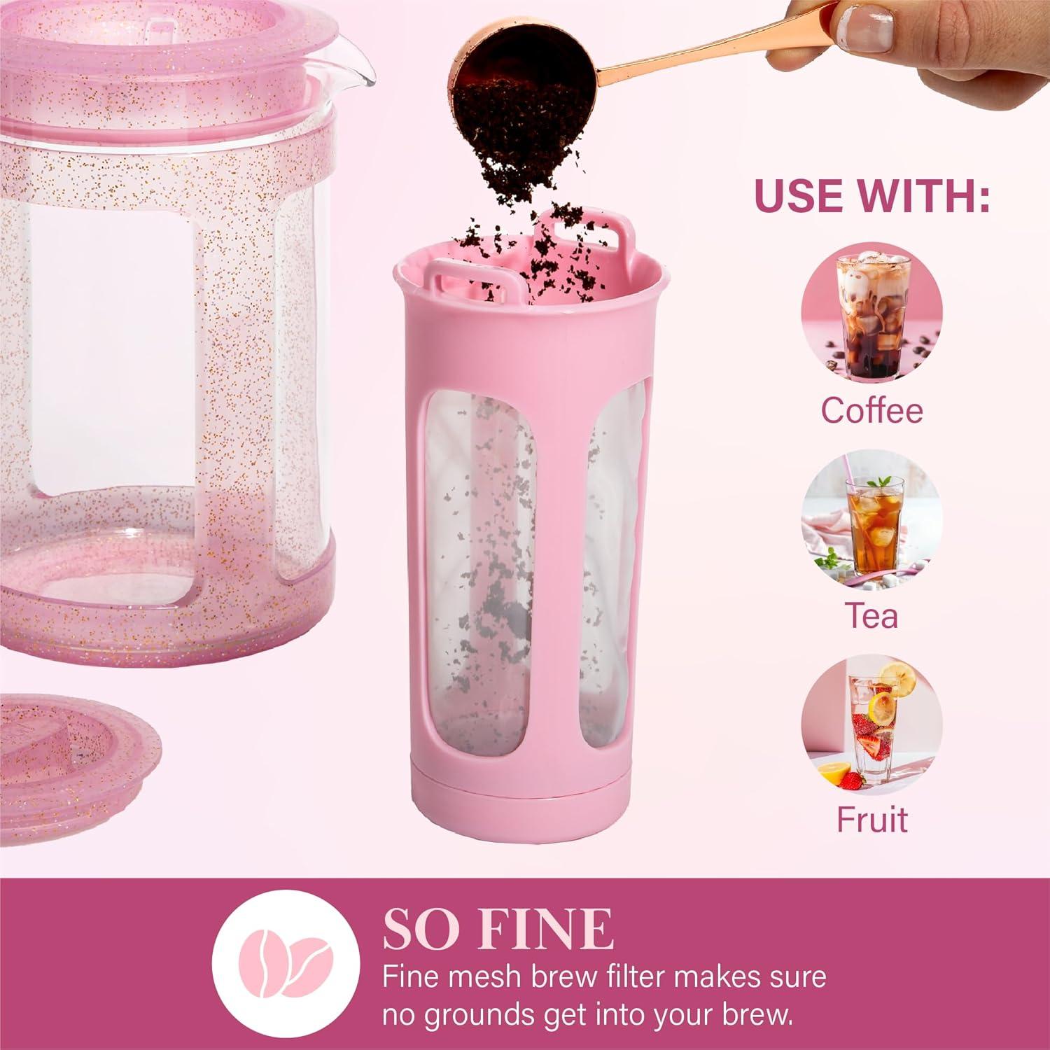imageParis Hilton Cold Brew Coffee Maker Durable 16 Quart Borosilicate Glass Carafe with Stainless Steel Filter Glitter Pink 38 oz