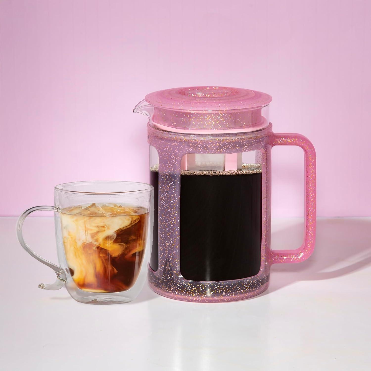 imageParis Hilton Cold Brew Coffee Maker Durable 16 Quart Borosilicate Glass Carafe with Stainless Steel Filter Glitter Pink 38 oz
