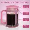 Paris Hilton Cold Brew Coffee Maker, Durable 1.6 Quart Borosilicate Glass Carafe with Stainless Steel Filter, Glitter Pink, 38 oz