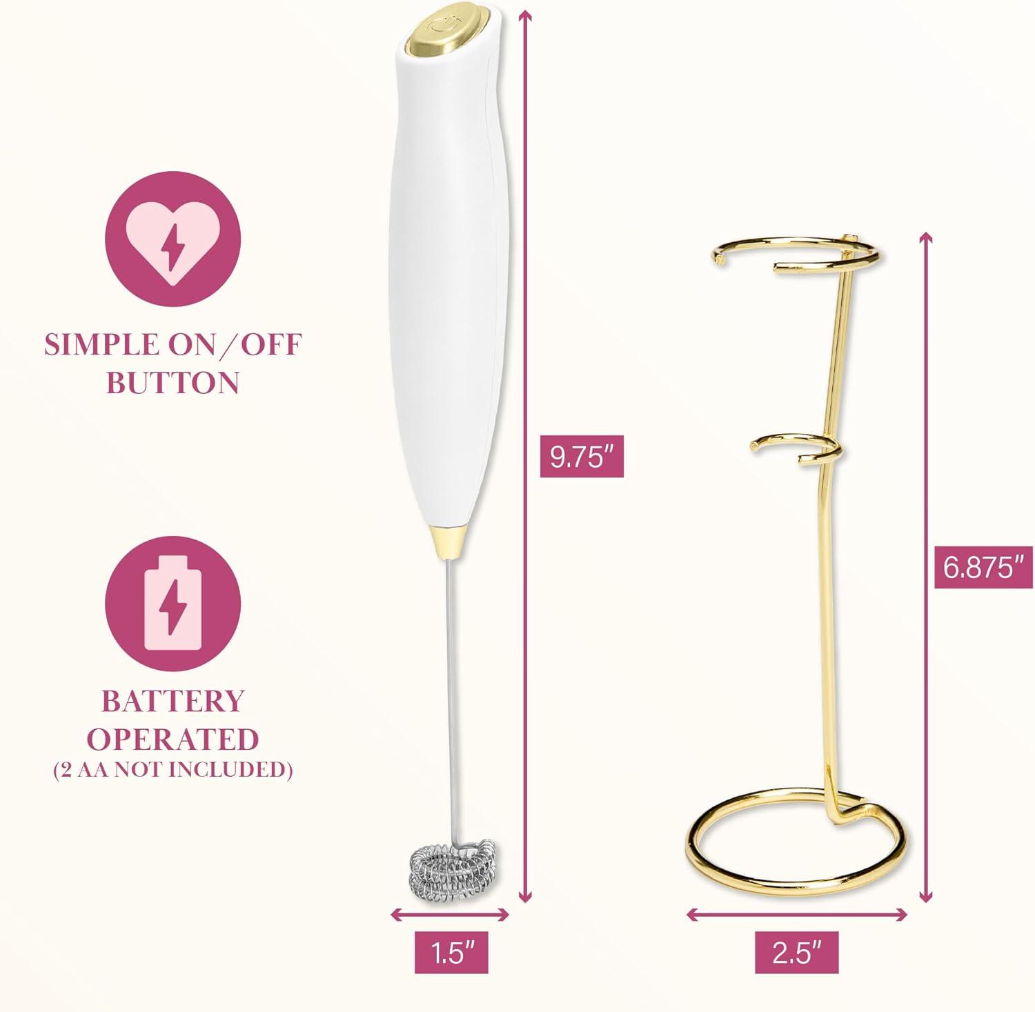 imageParis Hilton Electric Handheld Milk Frother with Double Coil Head Whisk and Gold Metal Stand Battery Powered 2 AA Batteries Required but Not Included White