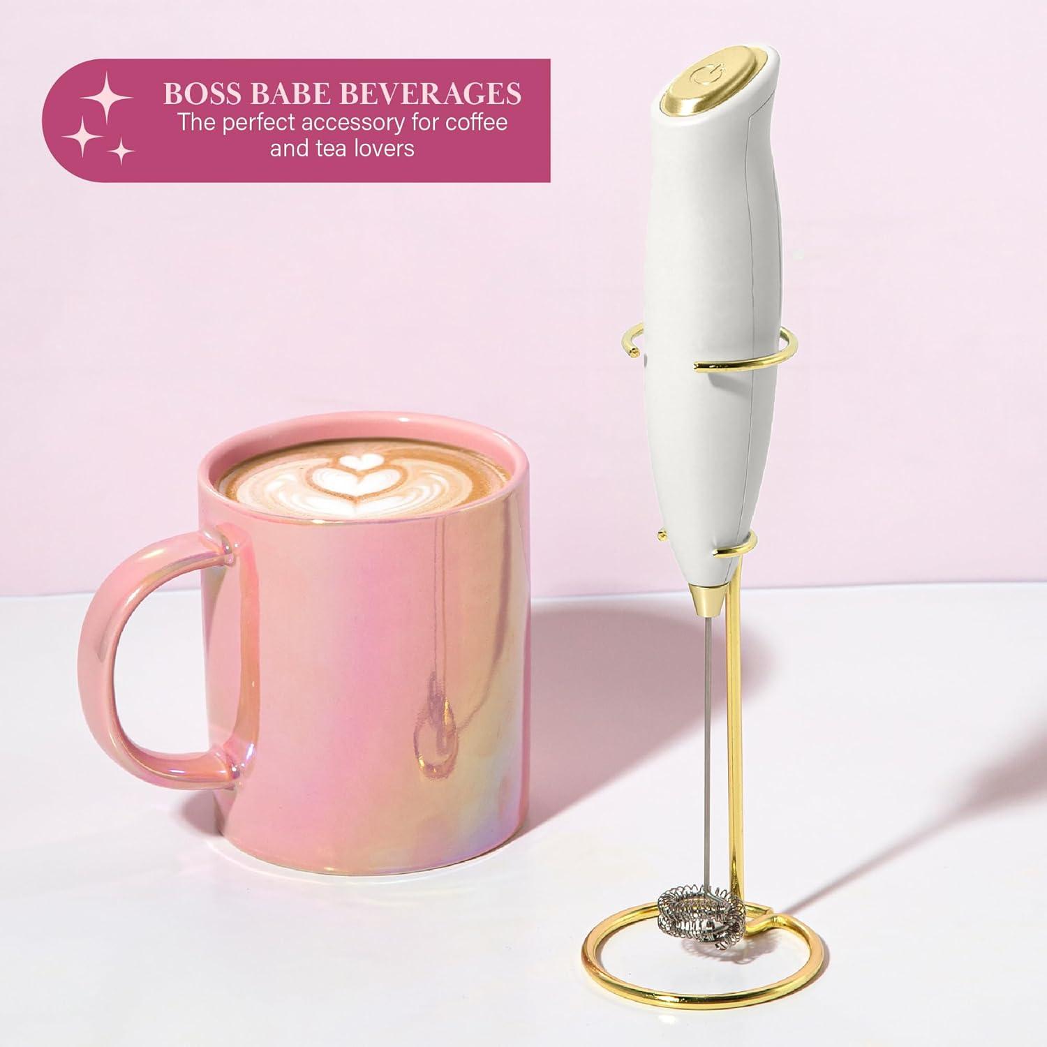 imageParis Hilton Electric Handheld Milk Frother with Double Coil Head Whisk and Gold Metal Stand Battery Powered 2 AA Batteries Required but Not Included White