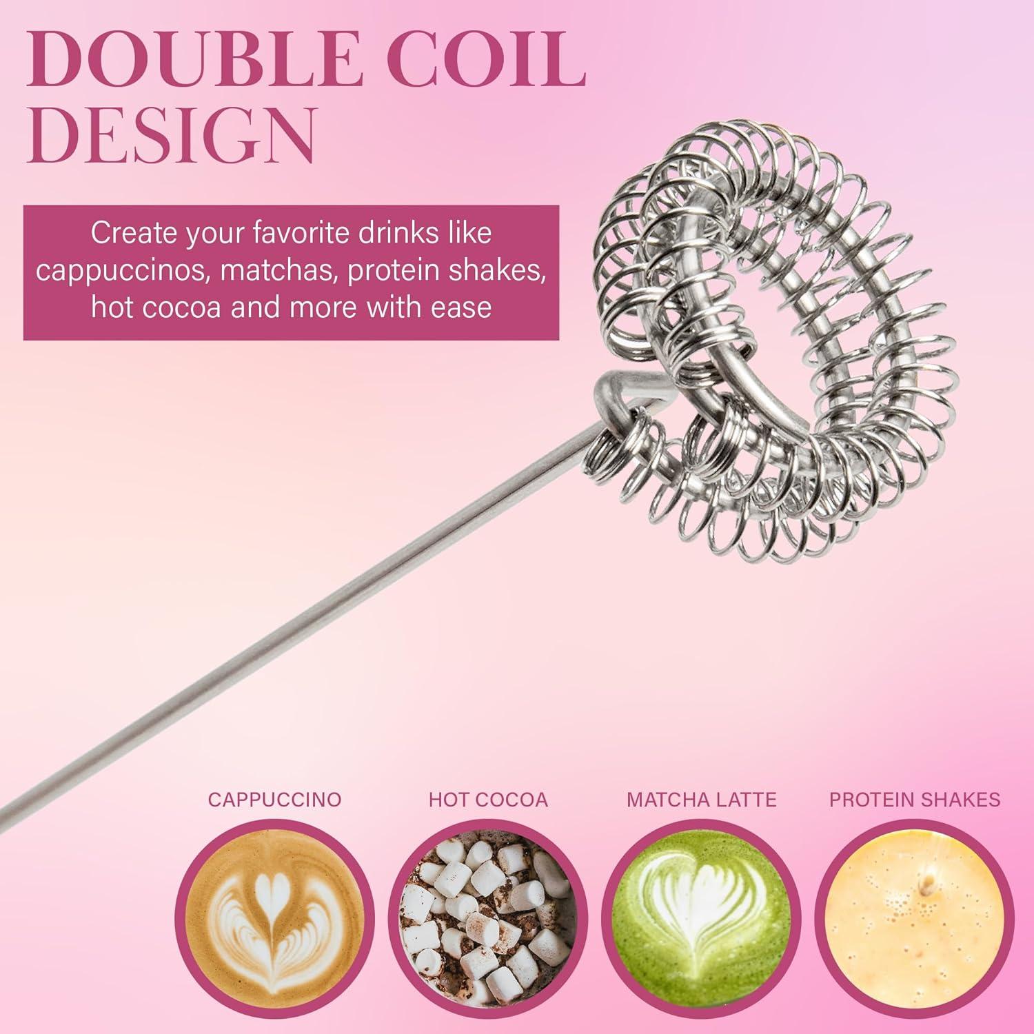 imageParis Hilton Electric Handheld Milk Frother with Double Coil Head Whisk and Gold Metal Stand Battery Powered 2 AA Batteries Required but Not Included White