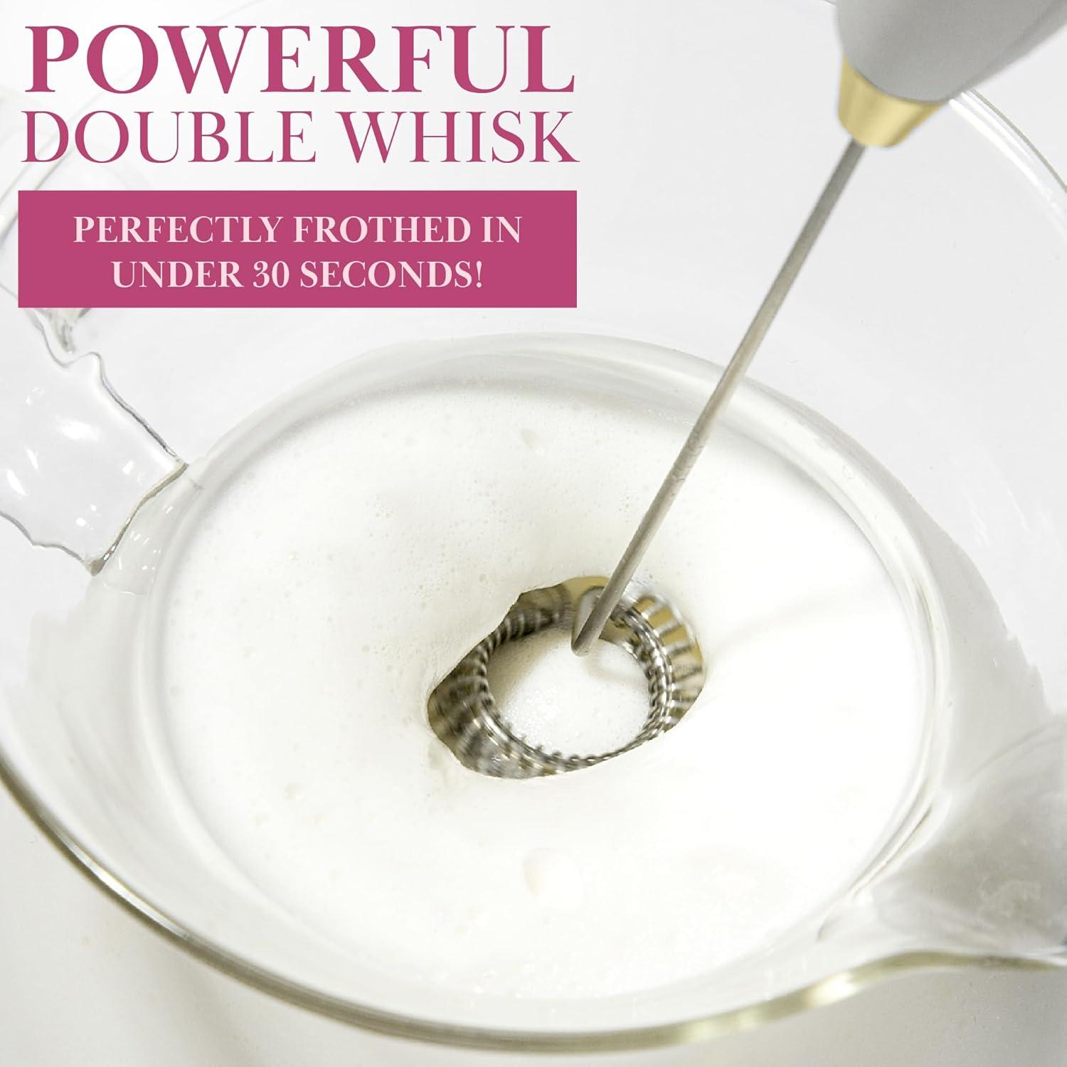 imageParis Hilton Electric Handheld Milk Frother with Double Coil Head Whisk and Gold Metal Stand Battery Powered 2 AA Batteries Required but Not Included White