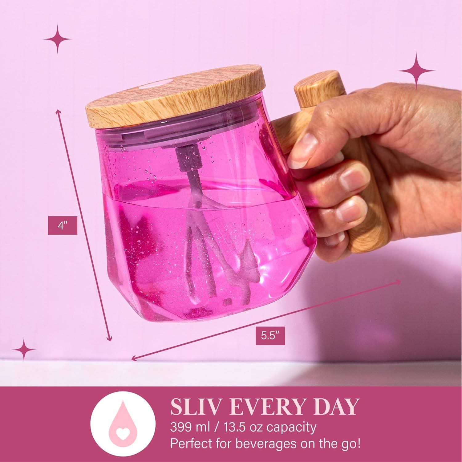 imageParis Hilton Self Stirring Mug BatteryOperated Mixing Mug for Coffee Cocoa Powders and More Durable Borosilicate Glass with Heart Button 135Ounce Size ClearPink