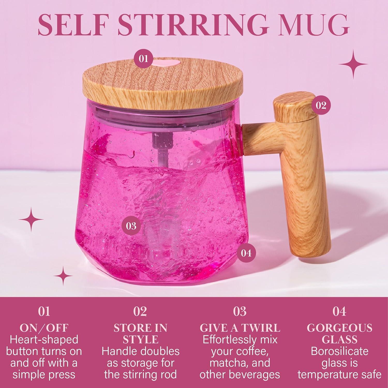 imageParis Hilton Self Stirring Mug BatteryOperated Mixing Mug for Coffee Cocoa Powders and More Durable Borosilicate Glass with Heart Button 135Ounce Size ClearPink