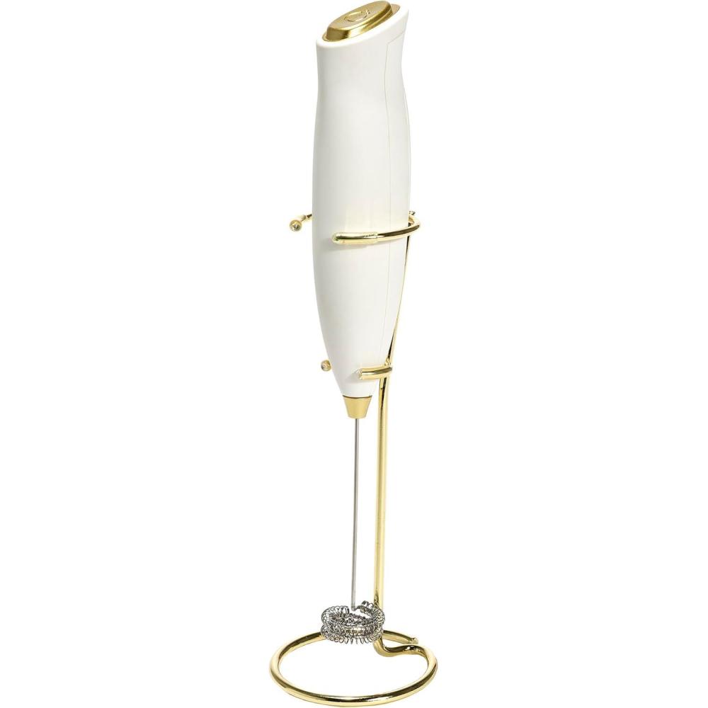 imageParis Hilton Electric Handheld Milk Frother with Double Coil Head Whisk and Gold Metal Stand Battery Powered 2 AA Batteries Required but Not Included White