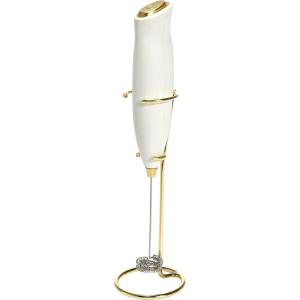 Paris Hilton Electric Handheld Milk Frother with Double Coil Head Whisk and Gold Metal Stand, Battery Powered (2 AA Batteries Required but Not Included), White