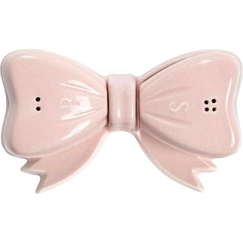 imageParis Hilton 3Piece Bow Shaped Salt and Pepper Shaker Set Iconic Ceramic Stoneware With Matching Tray Pink