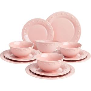 Paris Hilton 12-Piece Dinnerware Set, Embossed Hearts. Iconic Ceramic Stoneware Service for 4 with Dinner Plates, Salad Plates, and Bowls, Microwave & Dishwasher Safe, Pink