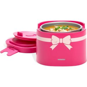Paris Hilton Electric Lunch Warmer, 20-Ounce Stainless Steel Portable Food Container With Sealing Lid, Removable 2.5-Cup Inner Dish, Bow Front Decal, Hot Pink(Hot Pink)