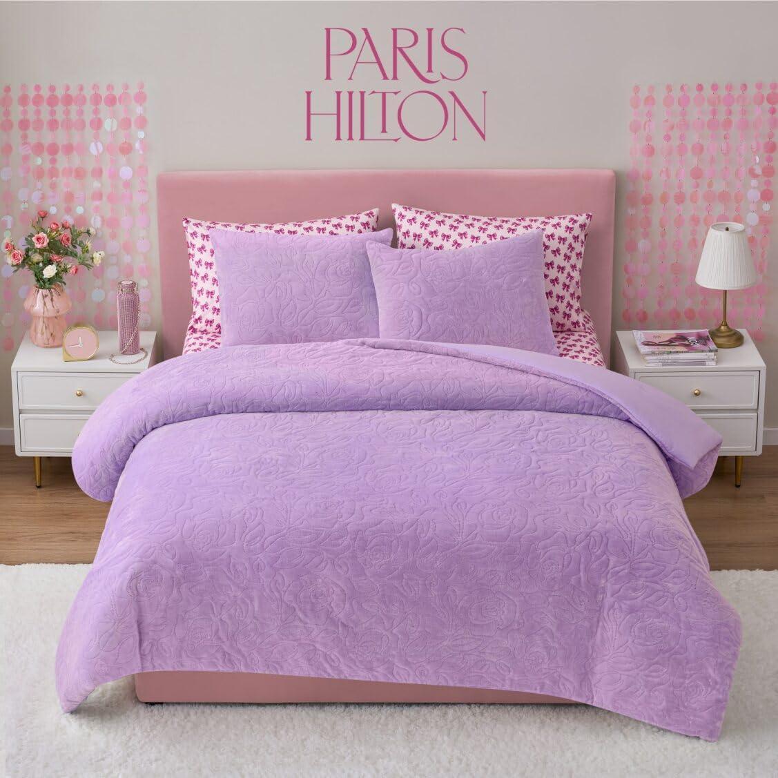 image:imageParis Hilton 3 Piece King Size Comforter Set with 2 Pillow Shams Soft Warm Chic amp Lightweight Quilted Bed Spread Housewarming amp Birthday Gifts for Women amp Teen Girls Lavender Roses Henrietta Cute DesignsLavender
