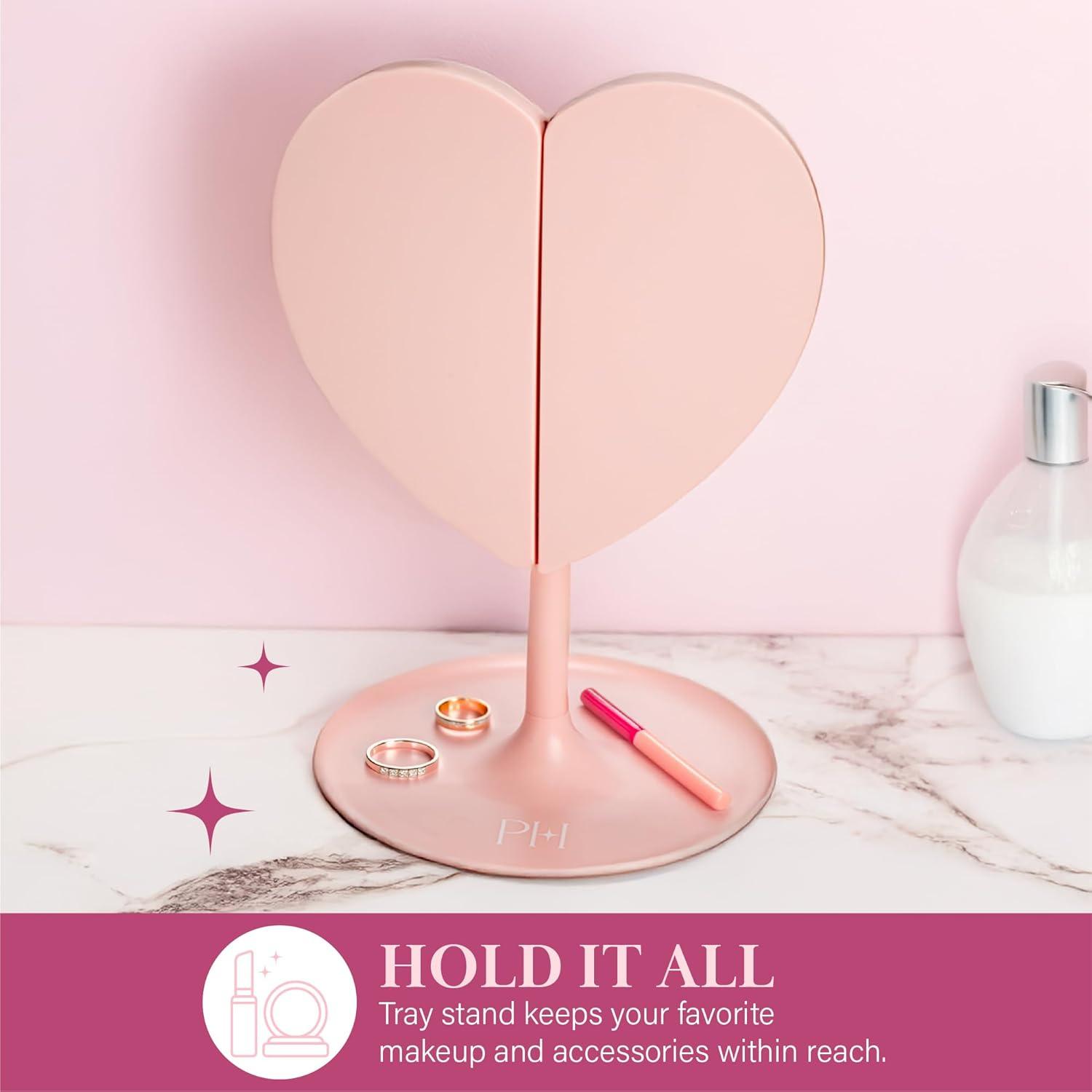 image:imageParis Hilton Heart Makeup Vanity Mirror LED Light with Touch Control 180 Rotation TriFold Design Tray Stand for Accessories Pink