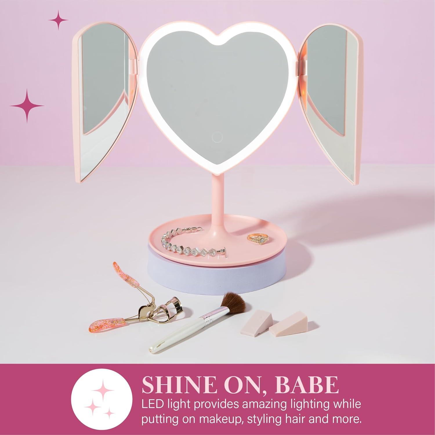 image:imageParis Hilton Heart Makeup Vanity Mirror LED Light with Touch Control 180 Rotation TriFold Design Tray Stand for Accessories Pink