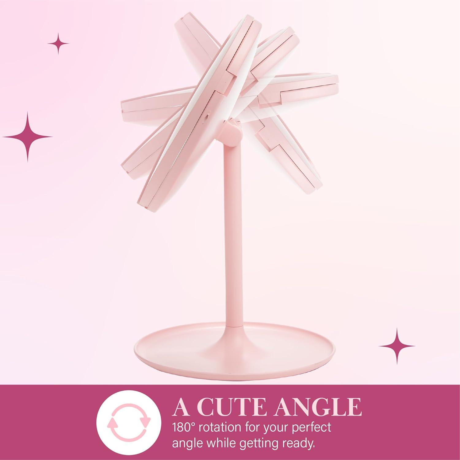 image:imageParis Hilton Heart Makeup Vanity Mirror LED Light with Touch Control 180 Rotation TriFold Design Tray Stand for Accessories Pink