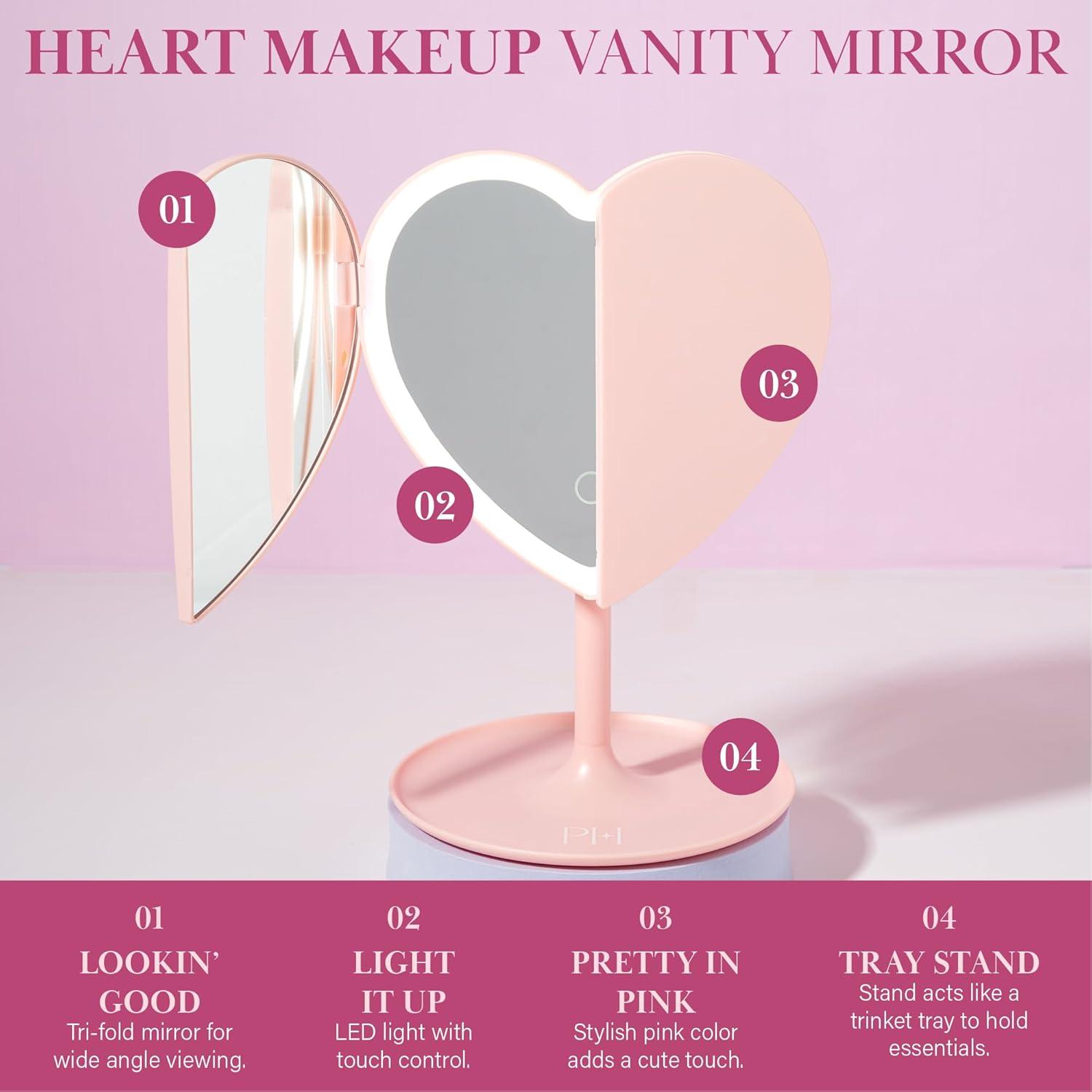 image:imageParis Hilton Heart Makeup Vanity Mirror LED Light with Touch Control 180 Rotation TriFold Design Tray Stand for Accessories Pink