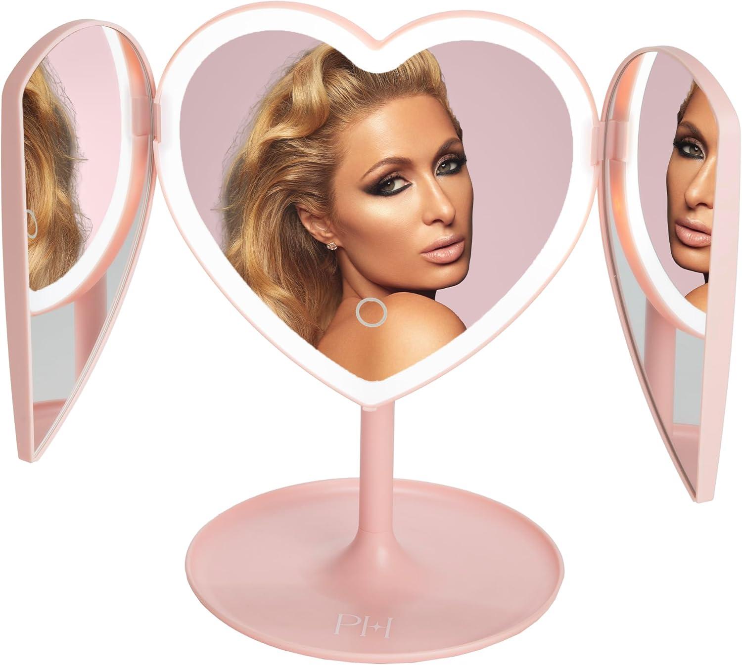 image:imageParis Hilton Heart Makeup Vanity Mirror LED Light with Touch Control 180 Rotation TriFold Design Tray Stand for Accessories Pink
