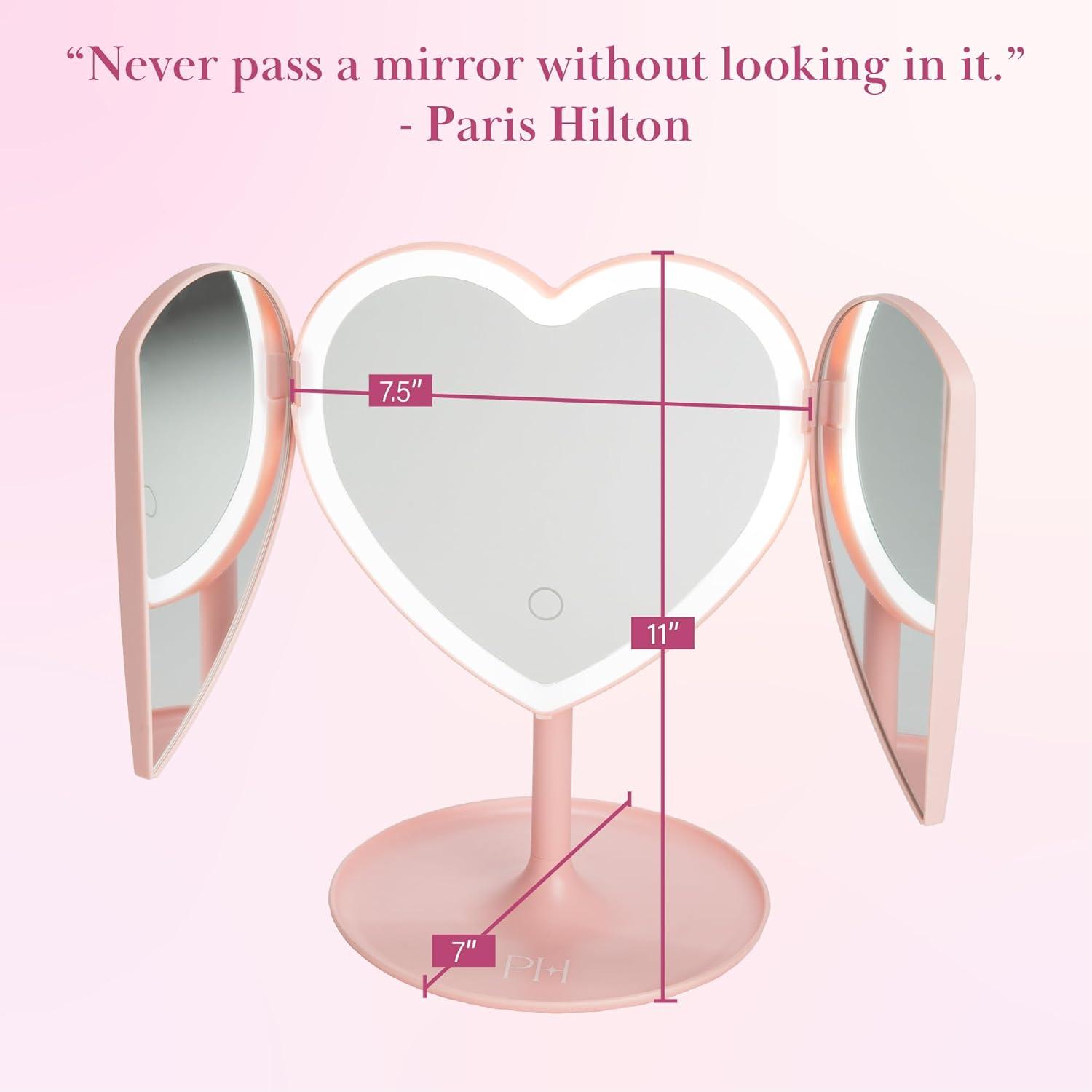 image:imageParis Hilton Heart Makeup Vanity Mirror LED Light with Touch Control 180 Rotation TriFold Design Tray Stand for Accessories Pink