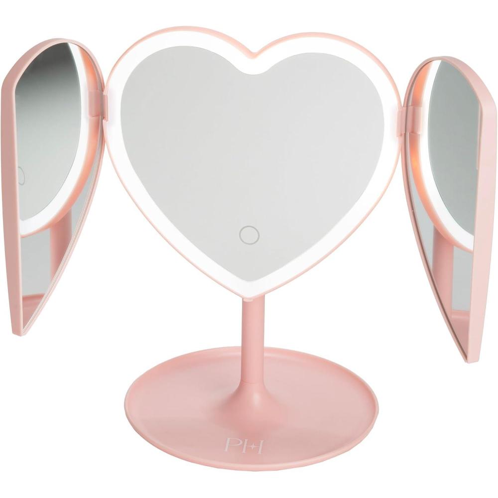 image:imageParis Hilton Heart Makeup Vanity Mirror LED Light with Touch Control 180 Rotation TriFold Design Tray Stand for Accessories Pink