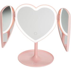 Paris Hilton Heart Makeup Vanity Mirror, LED Light with Touch Control, 180° Rotation, Tri-Fold Design, Tray Stand for Accessories, Pink