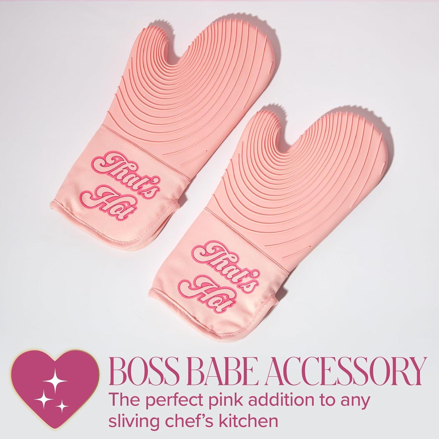 image:imageParis Hilton Oven Mitt Set with Limited Edition Pink Gingham Design Heat Resistant Pot Holders Featuring NonSlip Textured Silicone Grips 2Piece Set PinkThats Hot