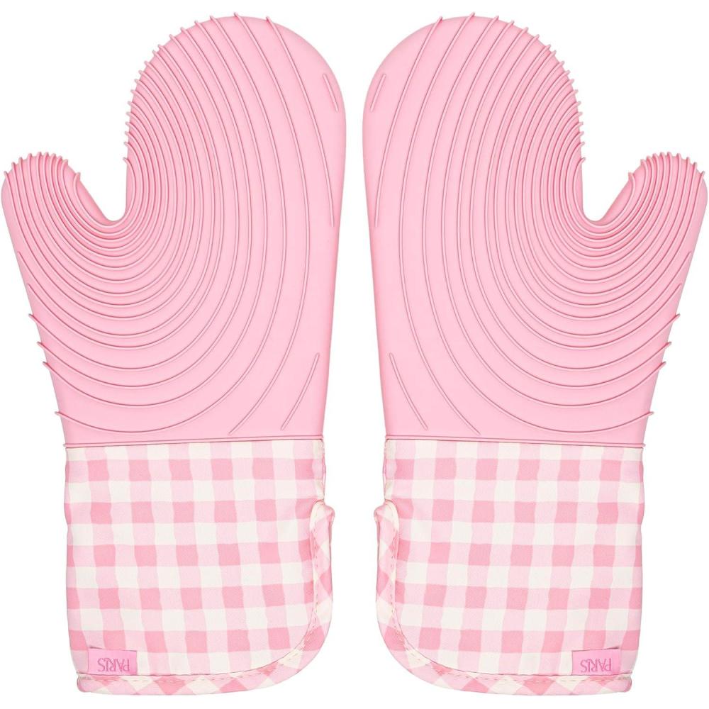 image:imageParis Hilton Oven Mitt Set with Limited Edition Pink Gingham Design Heat Resistant Pot Holders Featuring NonSlip Textured Silicone Grips 2Piece Set PinkPink Gingham