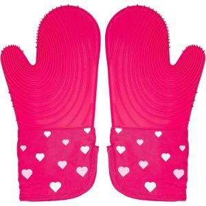 Paris Hilton Oven Mitt Set with Limited Edition Pink Gingham Design, Heat Resistant Pot Holders Featuring Non-Slip Textured Silicone Grips, 2-Piece Set, Pink(Hearts)
