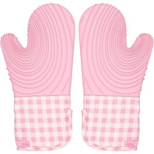 Paris Hilton Oven Mitt Set with Limited Edition Pink Gingham Design, Heat Resistant Pot Holders Featuring Non-Slip Textured Silicone Grips, 2-Piece Set, Pink(Pink Gingham)