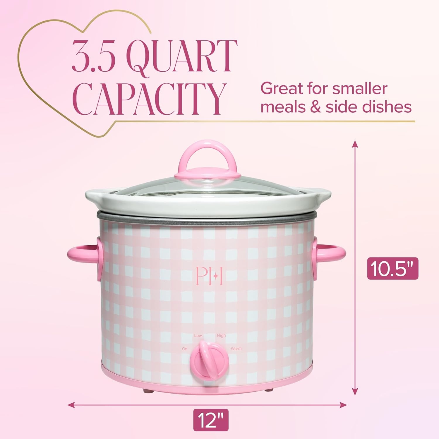 image:imageParis Hilton 35Quart Manual Slow Cooker Features Three Settings Low High Warm Naturally Nonstick and Dishwasher Safe Stoneware Insert Family Sized Capacity Gingham Pink