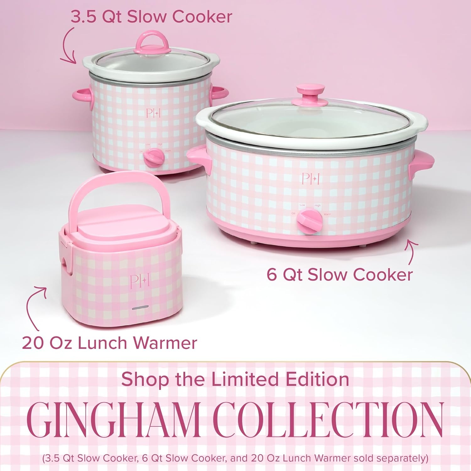 image:imageParis Hilton 35Quart Manual Slow Cooker Features Three Settings Low High Warm Naturally Nonstick and Dishwasher Safe Stoneware Insert Family Sized Capacity Gingham Pink