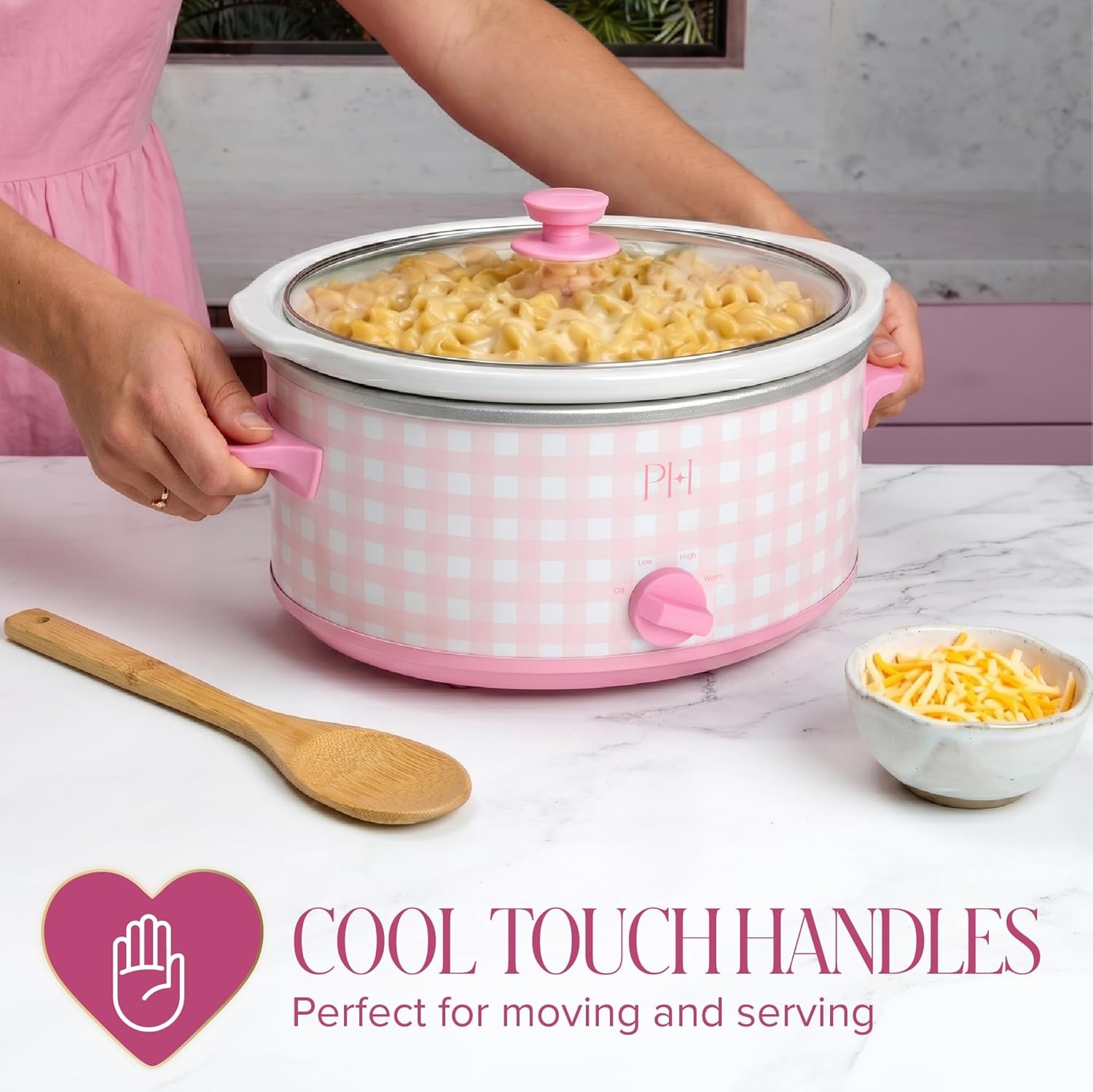 image:imageParis Hilton 6Quart Manual Slow Cooker Features Three Settings Low High Warm Naturally Nonstick and Dishwasher Safe Stoneware Insert Family Sized Capacity Gingham Pink