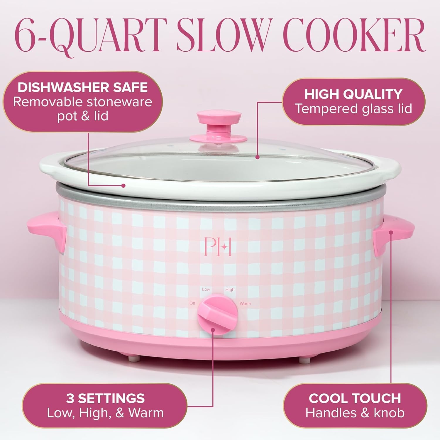image:imageParis Hilton 6Quart Manual Slow Cooker Features Three Settings Low High Warm Naturally Nonstick and Dishwasher Safe Stoneware Insert Family Sized Capacity Gingham Pink