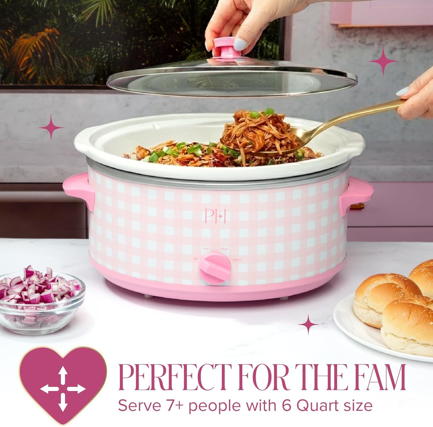 image:imageParis Hilton 6Quart Manual Slow Cooker Features Three Settings Low High Warm Naturally Nonstick and Dishwasher Safe Stoneware Insert Family Sized Capacity Gingham Pink