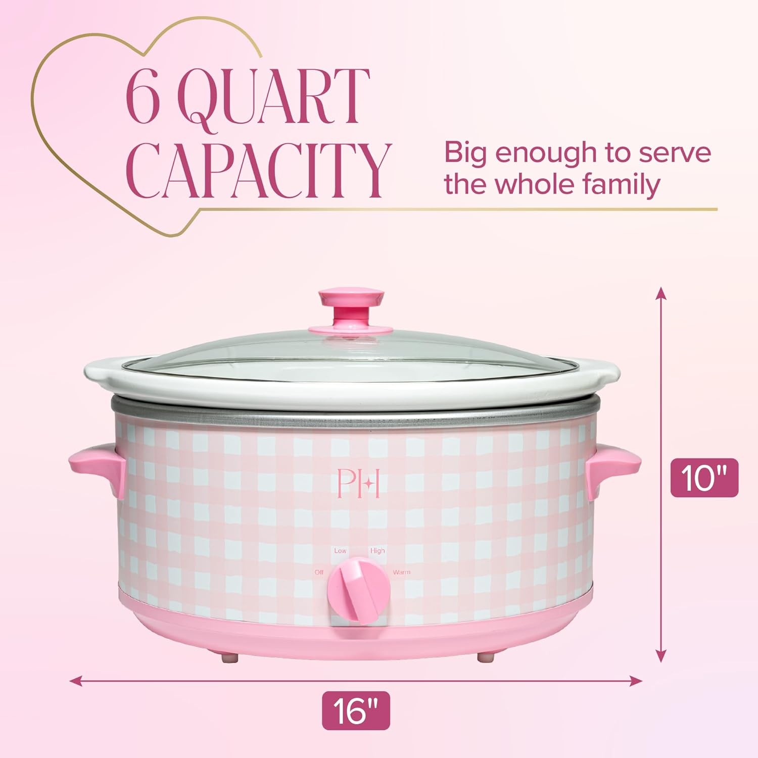 image:imageParis Hilton 6Quart Manual Slow Cooker Features Three Settings Low High Warm Naturally Nonstick and Dishwasher Safe Stoneware Insert Family Sized Capacity Gingham Pink