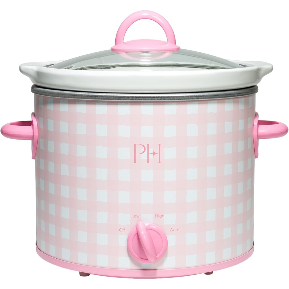 image:imageParis Hilton 35Quart Manual Slow Cooker Features Three Settings Low High Warm Naturally Nonstick and Dishwasher Safe Stoneware Insert Family Sized Capacity Gingham Pink