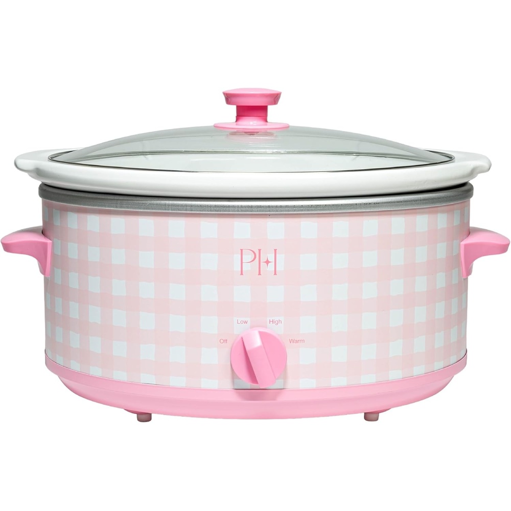 image:imageParis Hilton 6Quart Manual Slow Cooker Features Three Settings Low High Warm Naturally Nonstick and Dishwasher Safe Stoneware Insert Family Sized Capacity Gingham Pink