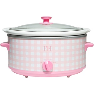Paris Hilton 6-Quart Manual Slow Cooker, Features Three Settings (Low, High, Warm), Naturally Nonstick and Dishwasher Safe Stoneware Insert, Family Sized Capacity, Gingham Pink