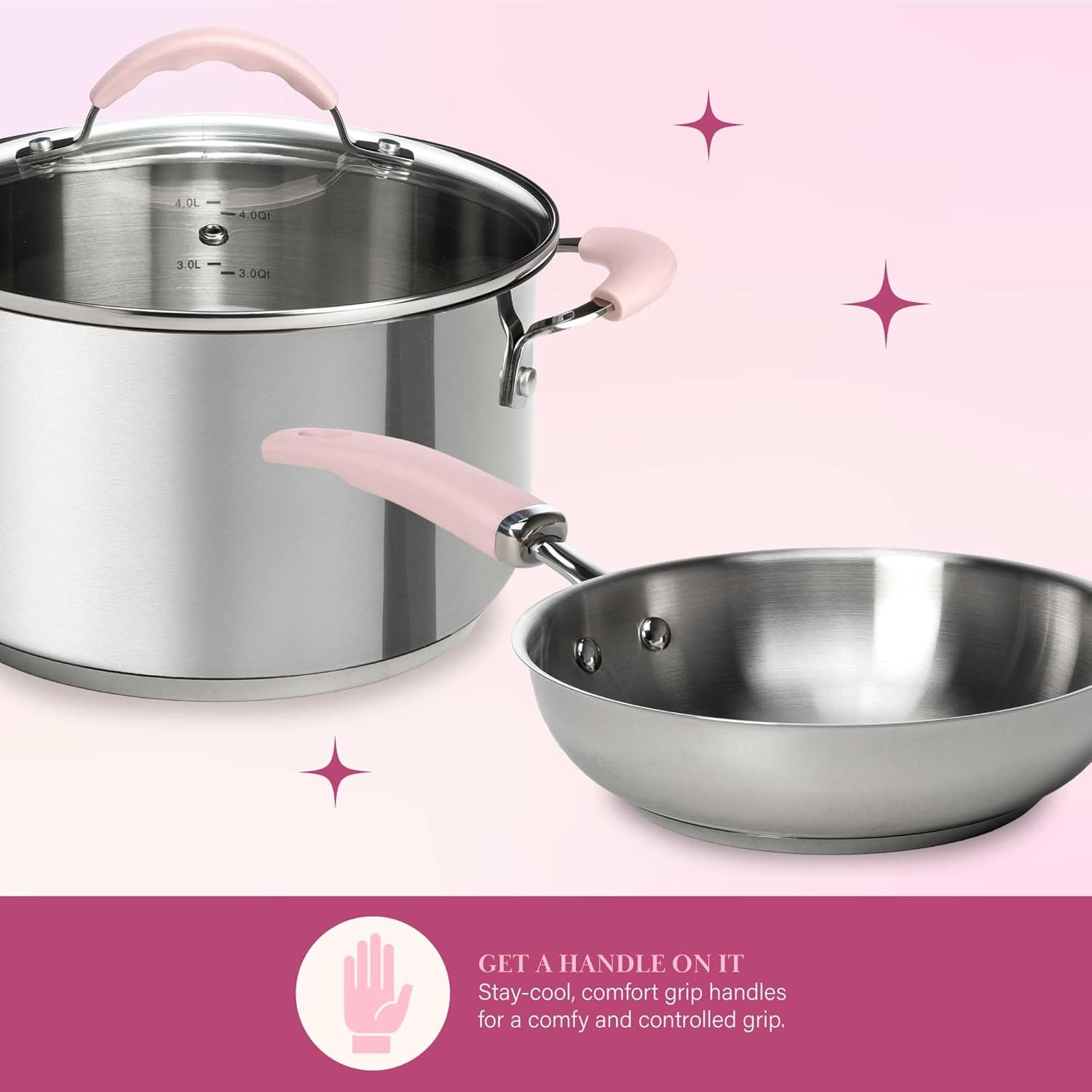 image:imageParis Hilton Stainless Steel Pots and Pans Set with StayCool Pink Handles Tempered Glass Lids Bonus Heart Shaped Measuring Cups and Spoons Dishwasher Safe Cookware 10Piece Set