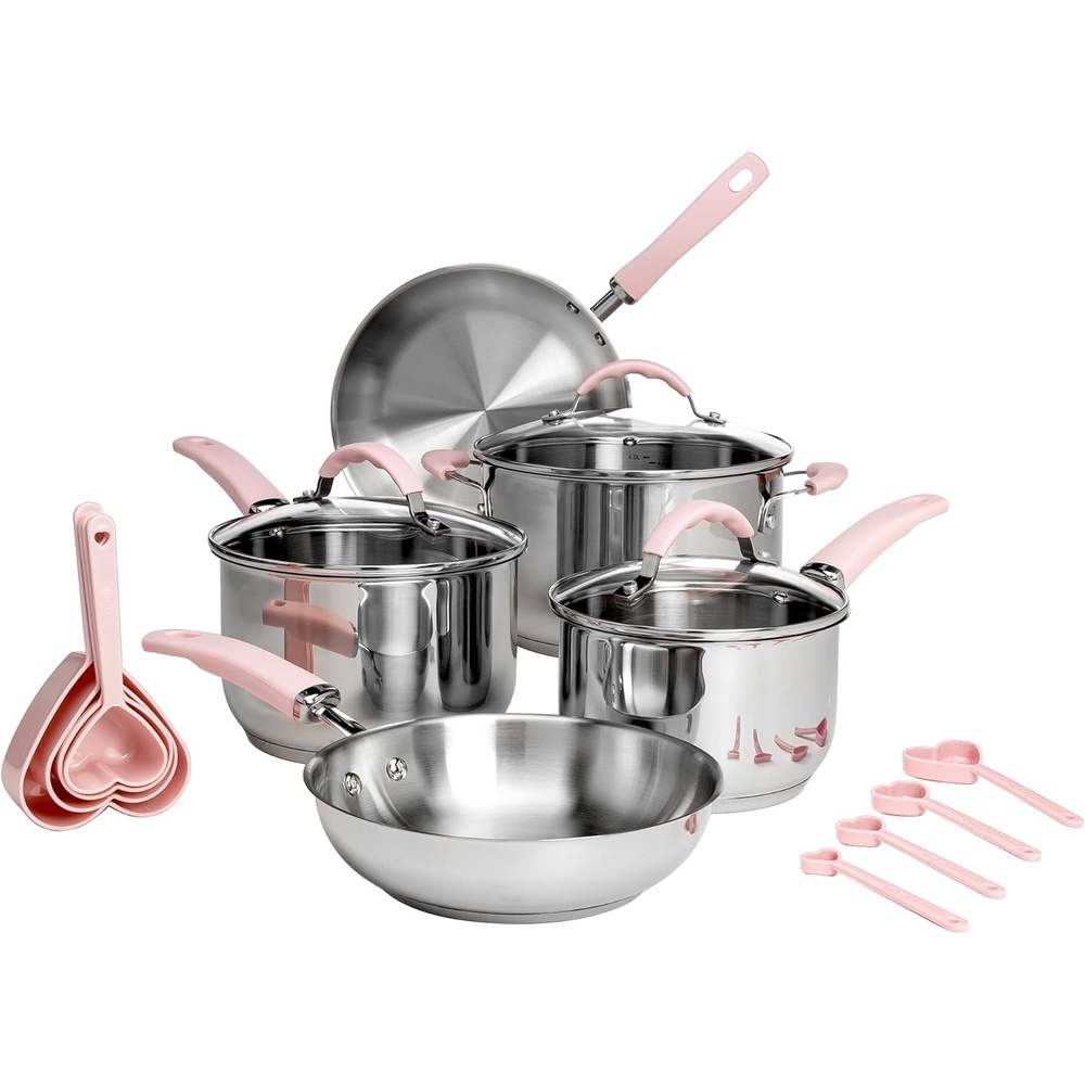 image:imageParis Hilton Stainless Steel Pots and Pans Set with StayCool Pink Handles Tempered Glass Lids Bonus Heart Shaped Measuring Cups and Spoons Dishwasher Safe Cookware 10Piece Set